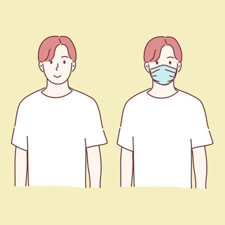 Man wearing medical mask and no wear. prevent disease, flu, air pollution, contaminated air, world pollution concept. Hand drawn character flat style vector.のイラスト素材