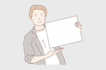 Man holding white blank paper use for text or advertising,のイラスト素材