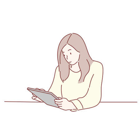 Woman using tablet. reading e-book, watch movie, online education concept. Hand drawn character flat style vector.のイラスト素材