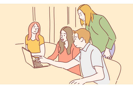 Group of business people working with laptop. Teamwork, coworker, brainstorm concept. Hand drawn flat character style vector.のイラスト素材
