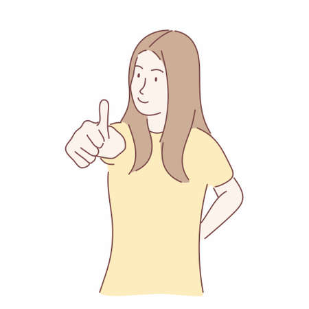 Happy woman showing gesture with thumb ups. Hand drawn character style vector.のイラスト素材
