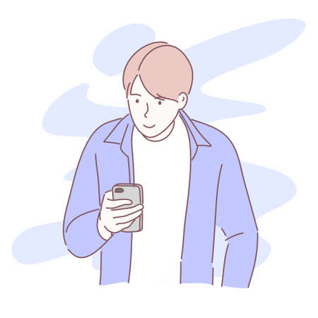 Man holding smartphone. Hand drawn character flat style vector.のイラスト素材