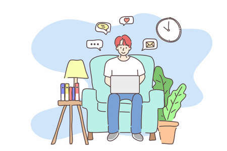 Man using laptop computer and sitting on sofa chair. stay at home, work , social media, play, education form home concept. Hand drawn flat character vector style.のイラスト素材