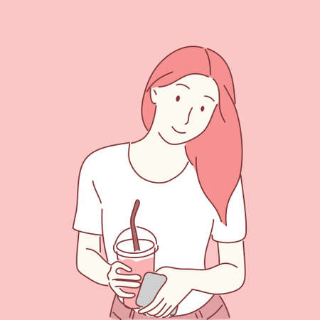 Woman holding water glass. Hand drawn character flat style vector.のイラスト素材