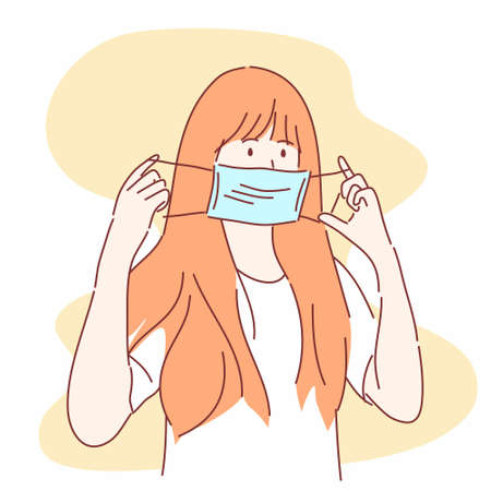 Woman is about to wear medical mask.  Prevent disease, flu, air pollution, contaminated air, world pollution concept. Hand drawn character flat style vector.のイラスト素材