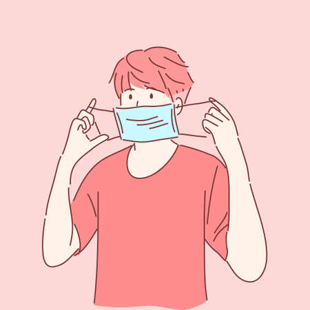 Man is about to wear medical mask.  Prevent disease, flu, air pollution, contaminated air, world pollution concept. Hand drawn character flat style vector.のイラスト素材