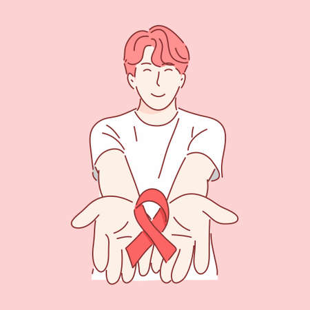 Man holding red ribbon. HIV awareness in world aids day and world sexual health day concept .のイラスト素材
