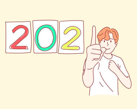 Man show one finger with number meaning "New year 2021". Hand drawn character flat styleのイラスト素材
