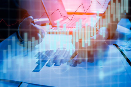 Double exposure business people working at office. Stock markets financial or Investment strategy...