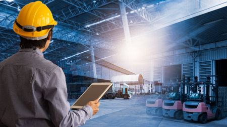 Engineer manager Wearing hard Hat using tablet check and control for workers with warehouse...