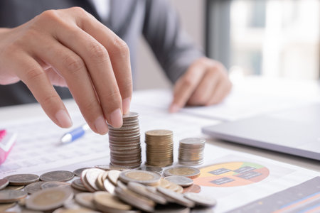 concept saving money and finance accounting. Growth investment and saving growth stacking coin money...