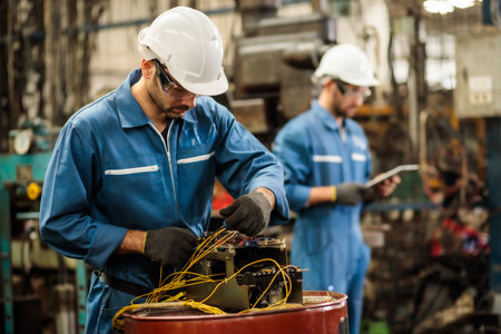 Engineer manual workers standing in a aluminum mill and working together. used professional...