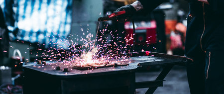Electric wheel grinding on steel structure in factory, worker with protective mask welding metal and...