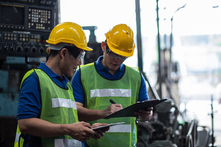 Industrial two men engineers in a factory checking documents