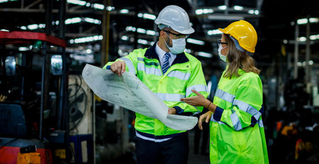Engineer or architect is walk in site store factory. They are check the location from the blueprint...