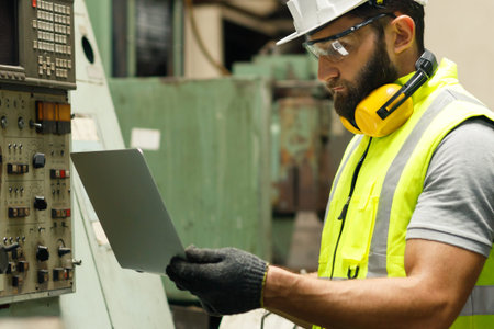 Male mechanical engineer is using the laptop to check the volume of the machine and set up the...