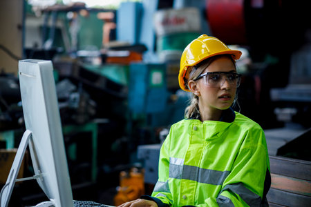 Female technician who wearing hard hat, safety glasses and safety shirt is listening the assignment...
