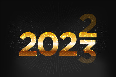 Happy New Year 2023 with Gold gradient numbers with sparkling stars and lights on a black background