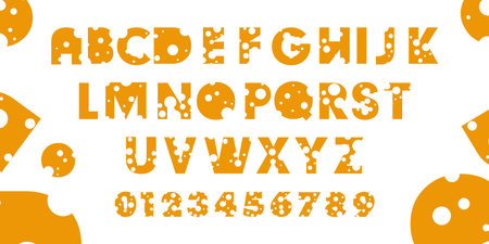 Alphabet letters and numbers with cheese. Vector typescript.のイラスト素材
