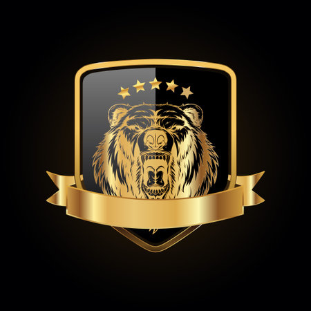 Bear head emblem with golden ribbon. Vector illustration on black background.のイラスト素材