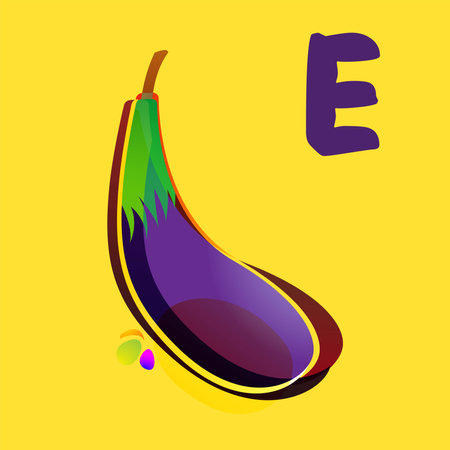Vector illustration of eggplant with letter E in modern flat style.のイラスト素材