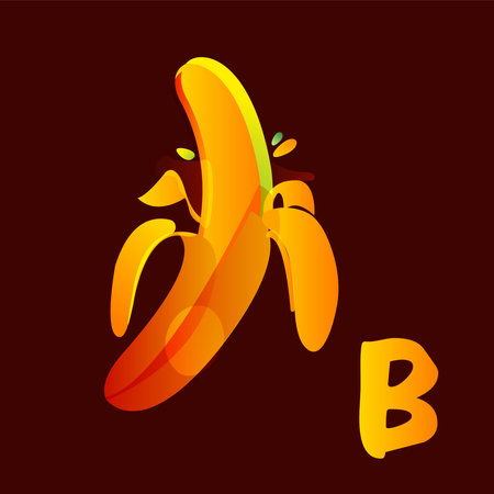 Fruit letter B logo. Vector illustration with banana, apple and leaves.のイラスト素材