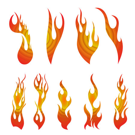 Fire flames icons set. Isolated on white background. Vector illustration.のイラスト素材