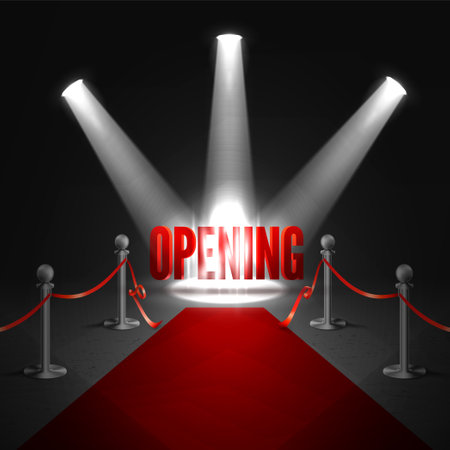 Red carpet with opening text on stage illuminated by spotlights. Vector illustrationのイラスト素材