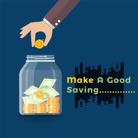 Hand putting money into a glass jar. Saving money concept. Vector illustrationのイラスト素材