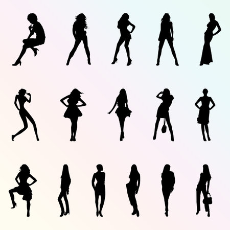 Silhouettes of beautiful women in different poses. Vector illustration.のイラスト素材