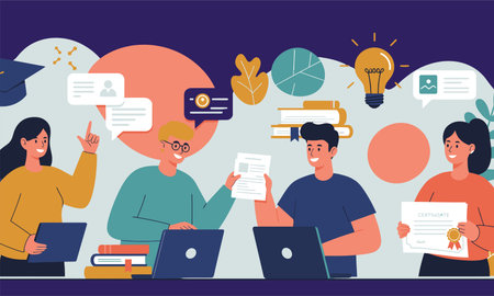 Group of young people working together at the office. Flat vector illustration.のイラスト素材