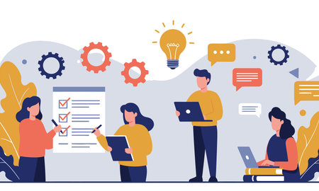 Flat design modern vector illustration concept of teamwork, brainstorming, brainstorming. Business people working with laptop, tablet, smartphone and document.のイラスト素材