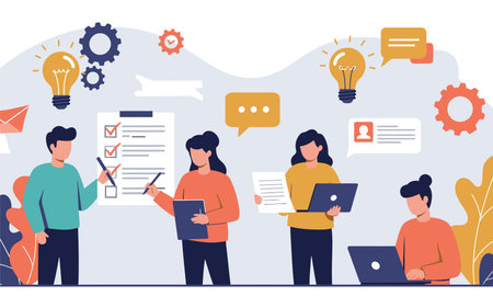 Teamwork, brainstorming, brainstorming. Vector illustration in flat styleのイラスト素材