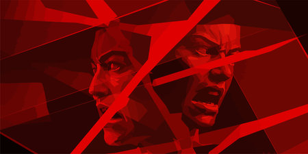 Two men in red polygonal style. Vector illustration for your design