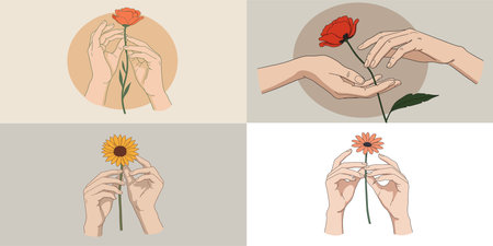 Set of hands holding flowers. Vector illustration in a flat style.のイラスト素材