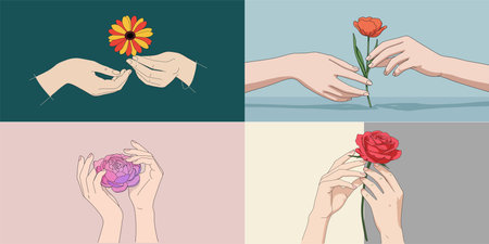 Hands holding a flower. Vector illustration of hands holding a flower.のイラスト素材