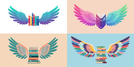 Set of colorful books with wings. Education and learning concept. Vector illustrationのイラスト素材