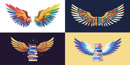 set of wings with books over colorful background, colorful design, vector illustrationのイラスト素材