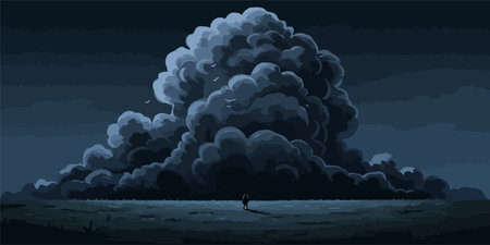 Vector illustration of a cartoon landscape with a big cloud of smoke.