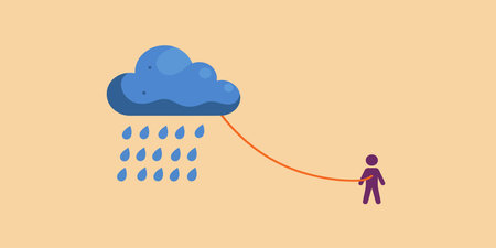 Cloud with rain and a man walking on a rope. Vector illustrationのイラスト素材