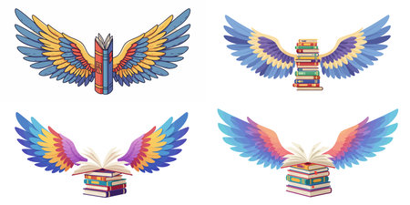 Collection of books with wings. Vector illustration isolated on white background.のイラスト素材