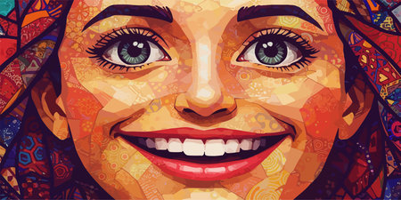Beautiful woman face with abstract colorful pattern on her face. Vector illustrationのイラスト素材