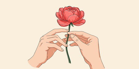 Hand holding a peony flower. Vector illustration in sketch style.のイラスト素材