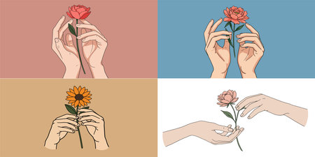 Hands holding flowers. Vector illustration in vintage style. Hand drawn.のイラスト素材