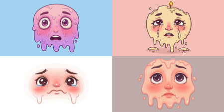Set of cute cartoon faces with different emotions and facial expressions. Vector illustrationのイラスト素材