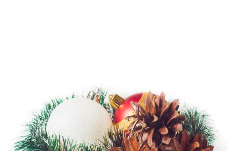New Year's and Christmas balls with cones on white background.の写真素材