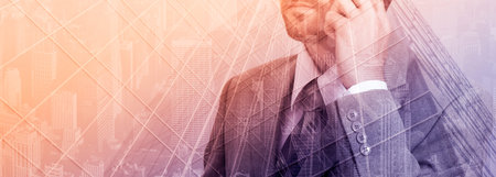 Double exposure concept with thinking businessman with phone