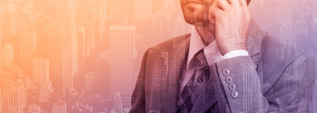 Double exposure concept with thinking businessman with phoneの写真素材