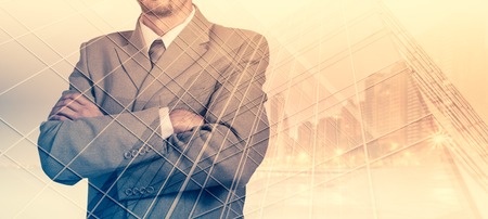 Double exposure concept with thinking businessman.の写真素材