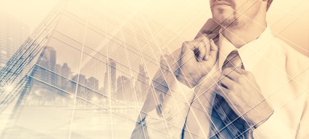 Double exposure concept with thinking businessman.の写真素材